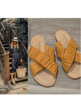 Ivylee Copenhagen | Valery Ruched Leather Cross Strap Slides In Mustard Yellow